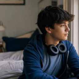 Teenager sitting by a bedroom window with headphones around their neck