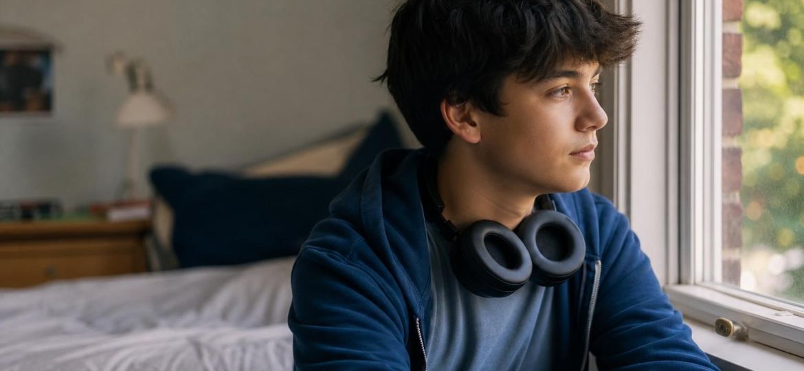 Teenager sitting by a bedroom window with headphones around their neck