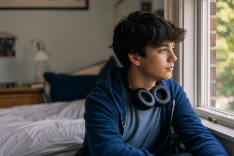 Teenager sitting by a bedroom window with headphones around their neck