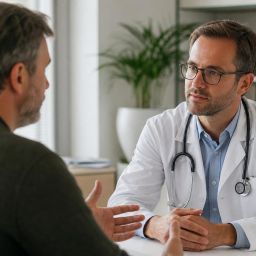 Male patient talking with his doctor in a bright consultation room