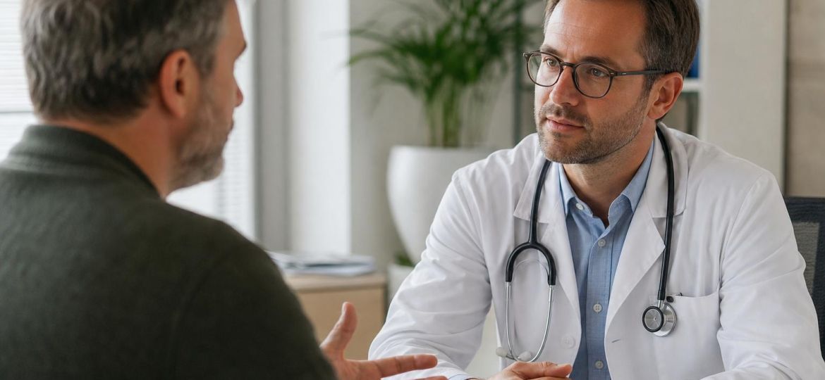 Male patient talking with his doctor in a bright consultation room