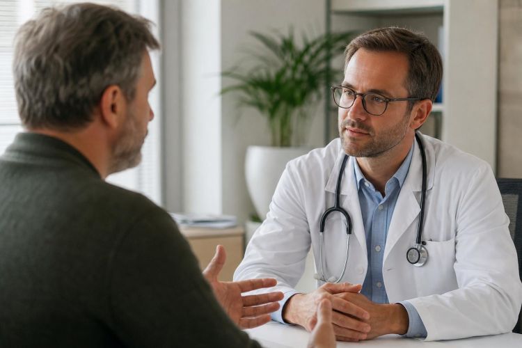 Male patient talking with his doctor in a bright consultation room
