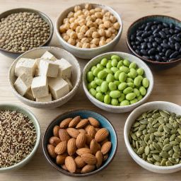 Bowls of plant protein foods: lentils, chickpeas, black beans, tofu, edamame and nuts