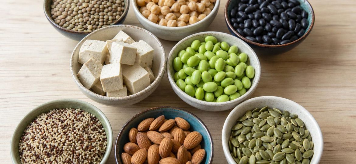 Bowls of plant protein foods: lentils, chickpeas, black beans, tofu, edamame and nuts
