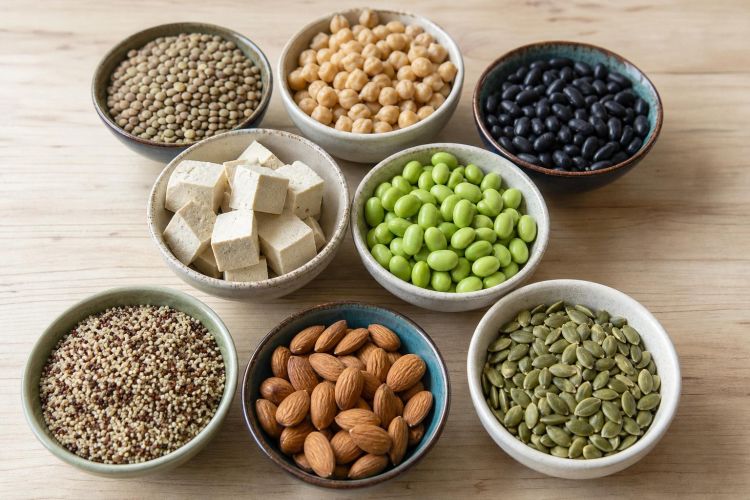 Bowls of plant protein foods: lentils, chickpeas, black beans, tofu, edamame and nuts