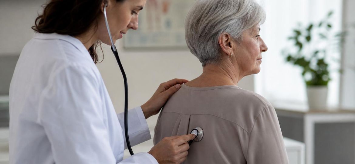 Doctor listening to an older woman's lungs with a stethoscope
