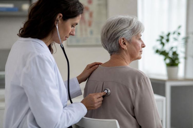 Doctor listening to an older woman's lungs with a stethoscope