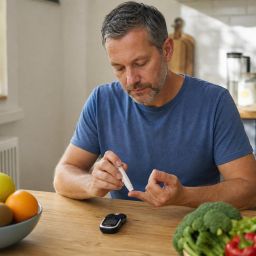 Man checking his blood sugar with a glucose meter at the kitchen table