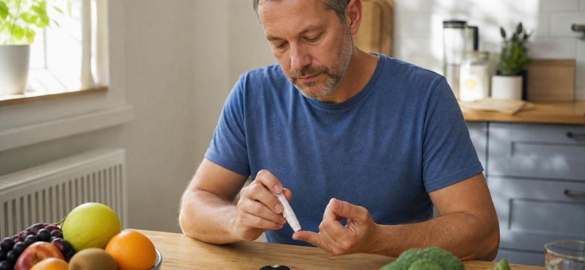 Man checking his blood sugar with a glucose meter at the kitchen table