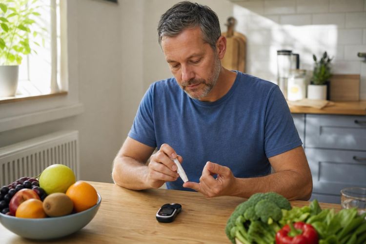 Man checking his blood sugar with a glucose meter at the kitchen table