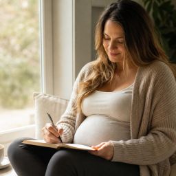 Pregnant woman writing in a notebook by a sunny window with a cup of tea