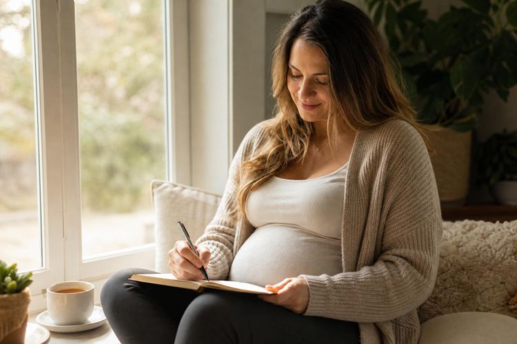 Pregnant woman writing in a notebook by a sunny window with a cup of tea