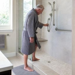 Older man using a grab bar to step into a well-lit walk-in shower