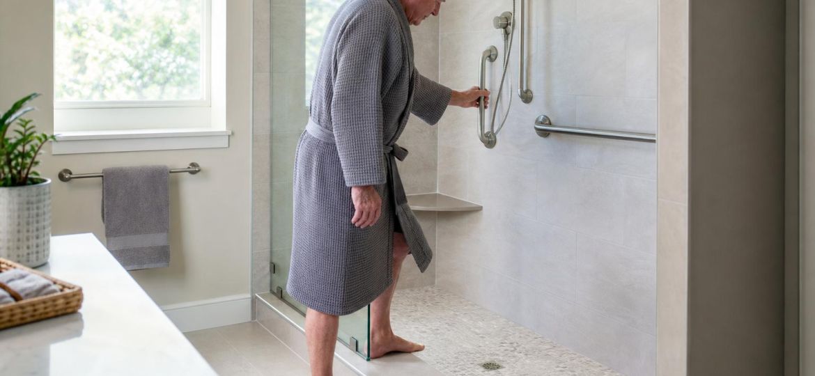 Older man using a grab bar to step into a well-lit walk-in shower
