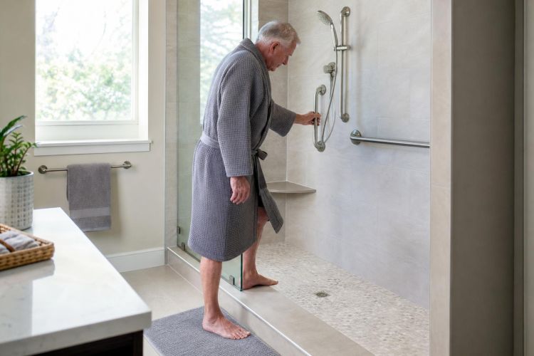Older man using a grab bar to step into a well-lit walk-in shower