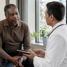 Man in his late 50s talking with his doctor in a clinic office
