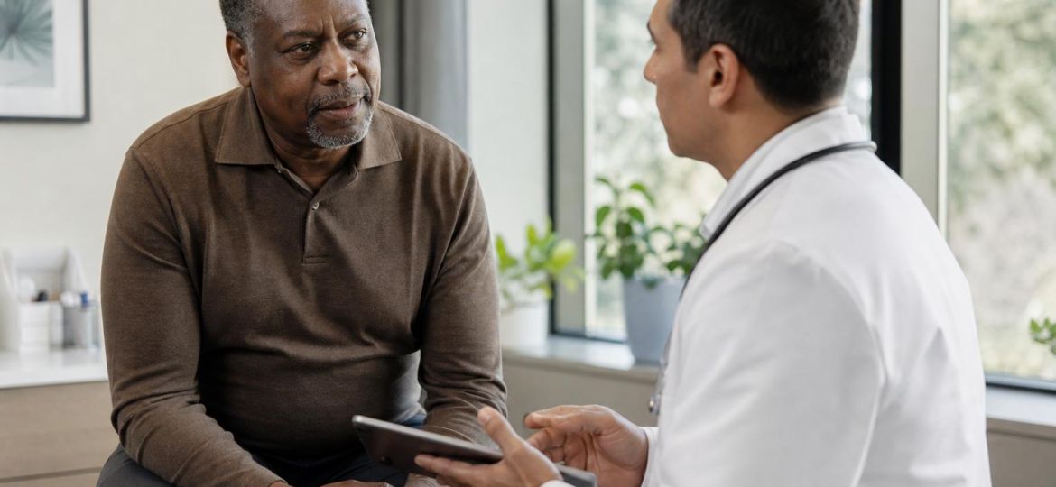 Man in his late 50s talking with his doctor in a clinic office