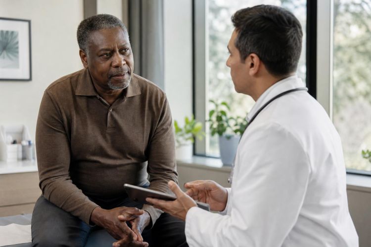 Man in his late 50s talking with his doctor in a clinic office