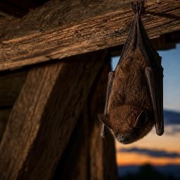 Small brown bat hanging from a wooden barn beam at dusk