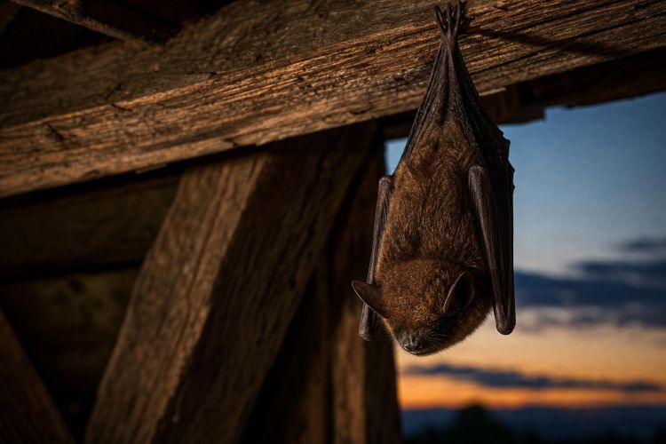 Small brown bat hanging from a wooden barn beam at dusk