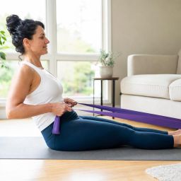 Woman doing a seated row with a resistance band on a yoga mat