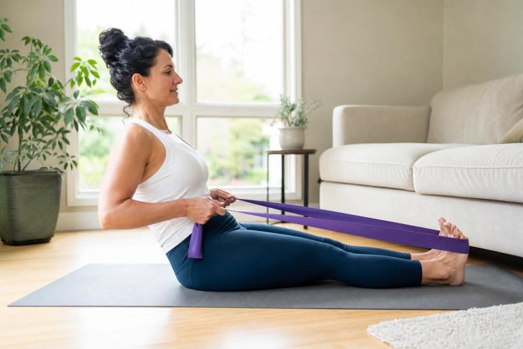 Woman doing a seated row with a resistance band on a yoga mat