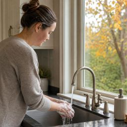 Person washing hands with soap at a kitchen sink in autumn
