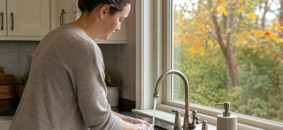 Person washing hands with soap at a kitchen sink in autumn