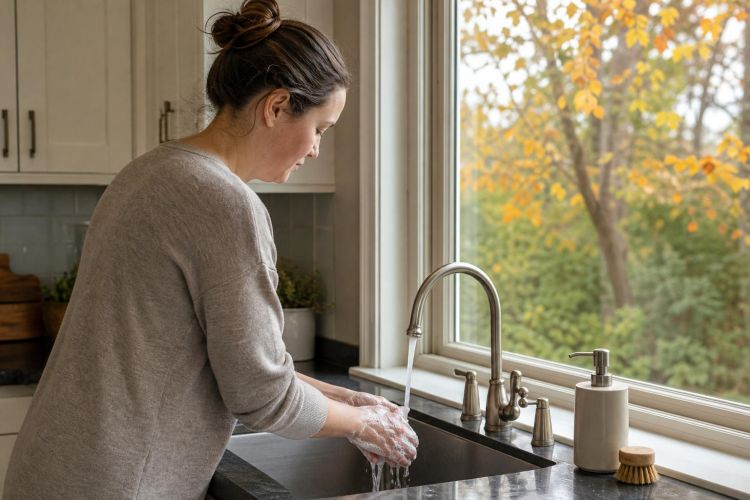 Person washing hands with soap at a kitchen sink in autumn