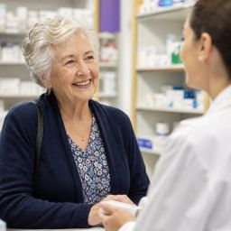 Older woman talking with a pharmacist about vaccines