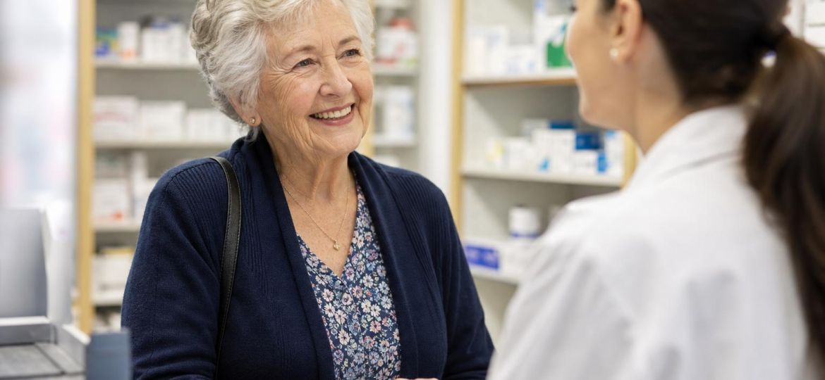 Older woman talking with a pharmacist about vaccines