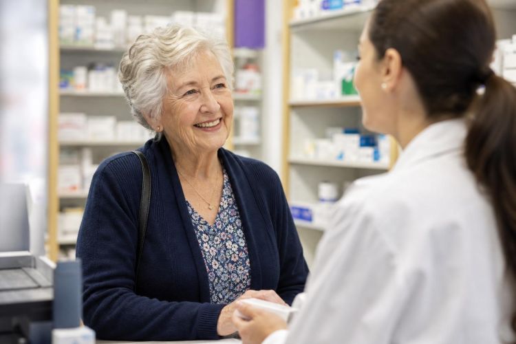 Older woman talking with a pharmacist about vaccines