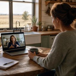 Person in a farmhouse kitchen joining a video therapy session on a laptop