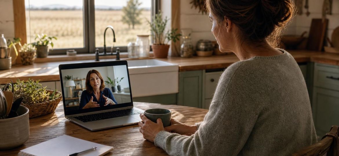 Person in a farmhouse kitchen joining a video therapy session on a laptop