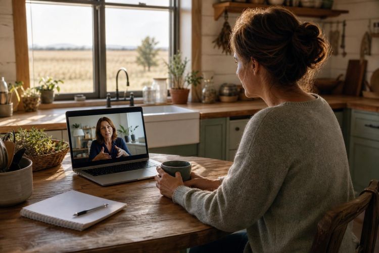 Person in a farmhouse kitchen joining a video therapy session on a laptop