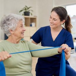 Older woman doing a resistance band exercise with a physical therapist