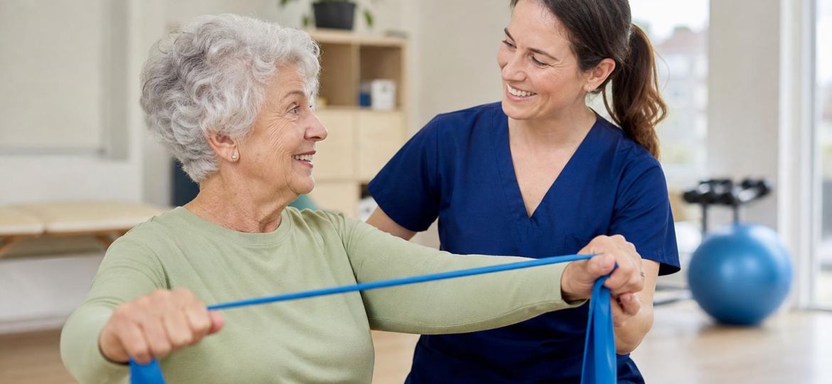 Older woman doing a resistance band exercise with a physical therapist