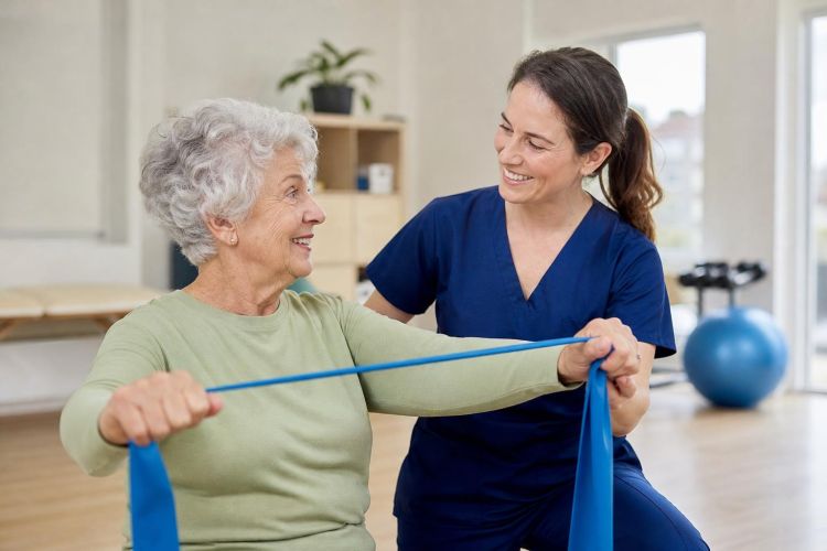 Older woman doing a resistance band exercise with a physical therapist
