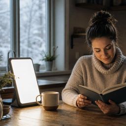 Woman reading by a light therapy lamp on a dark winter morning