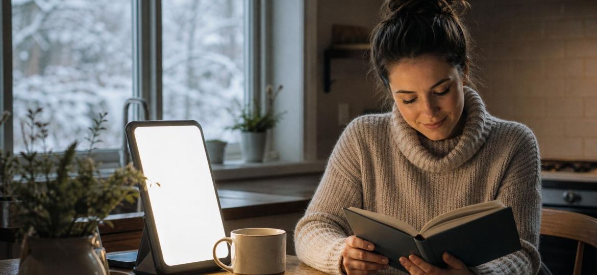 Woman reading by a light therapy lamp on a dark winter morning