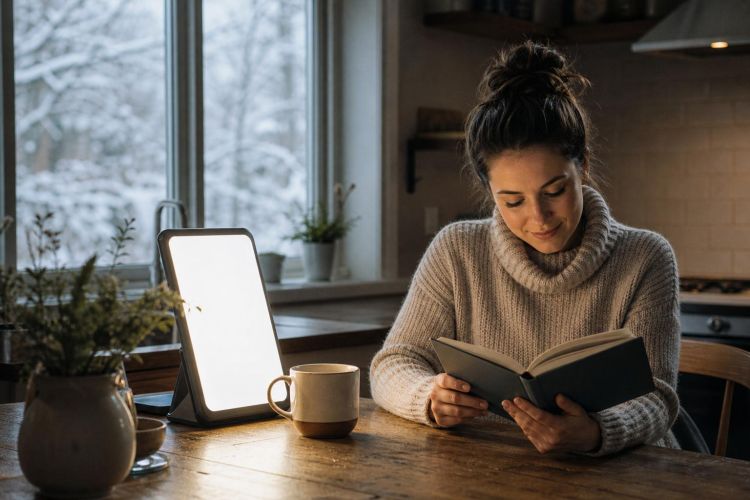 Woman reading by a light therapy lamp on a dark winter morning