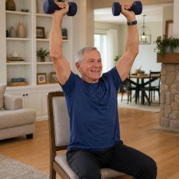 Older man doing a seated overhead press with light dumbbells