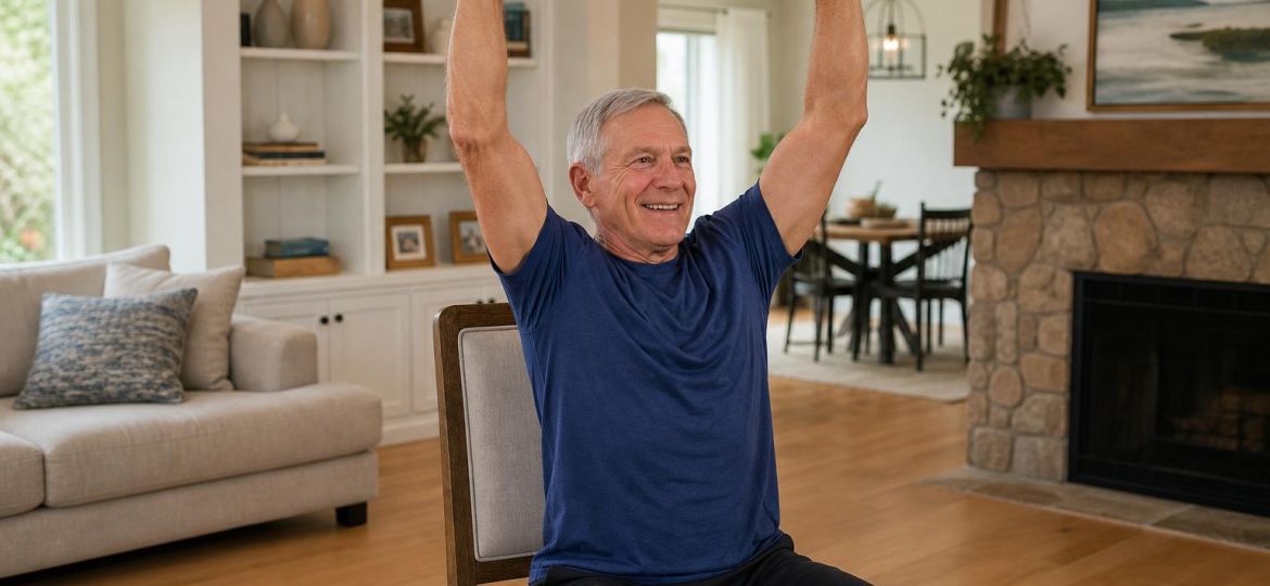 Older man doing a seated overhead press with light dumbbells