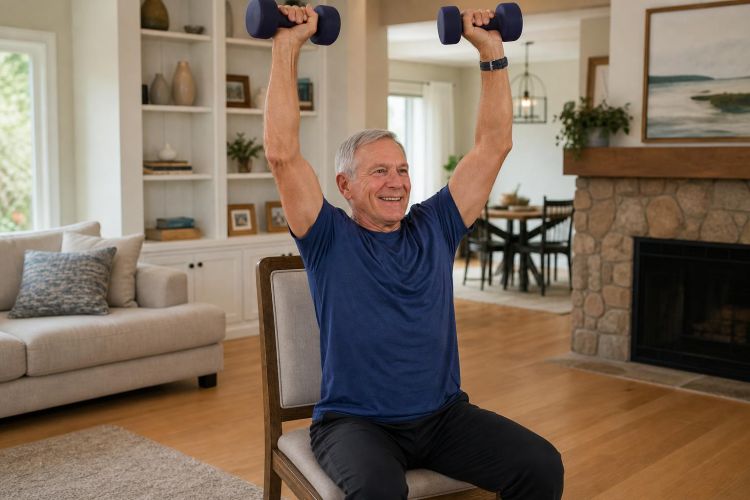 Older man doing a seated overhead press with light dumbbells