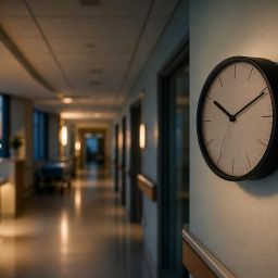 Wall clock in a calm hospital corridor at dusk