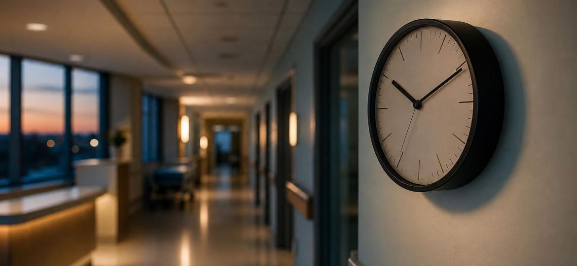 Wall clock in a calm hospital corridor at dusk