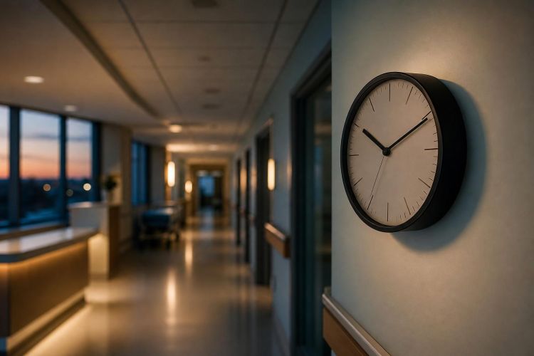 Wall clock in a calm hospital corridor at dusk