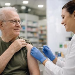 Older man receiving a vaccine from a pharmacist in a bright clinic room