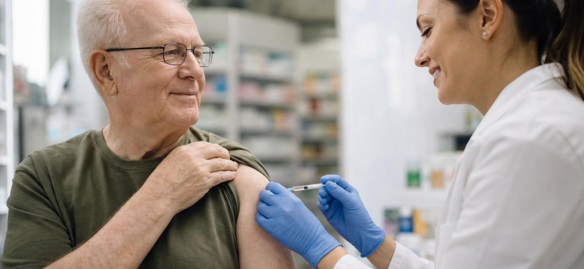 Older man receiving a vaccine from a pharmacist in a bright clinic room