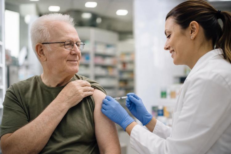 Older man receiving a vaccine from a pharmacist in a bright clinic room